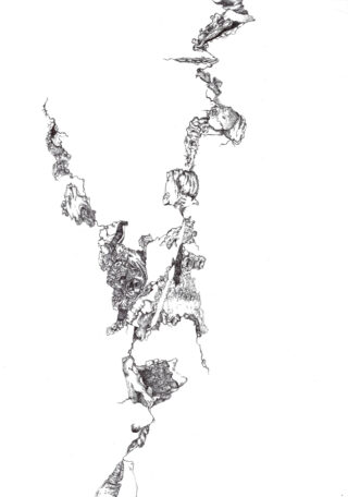 Die abstrakte Strichzeichnung mit schwarzer Tinte zeigt organische, gezackte Formen, die vertikal auf einem weißen Hintergrund mit komplizierten Texturen und negativem Raum angeordnet sind.