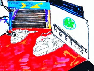 Bunte Zeichnung eines Treppenhauses mit rotem Boden, Schuhen auf dem Boden, einer grünen kreisförmigen Wanddekoration und einem Schild über der Treppe mit deutschem Text.