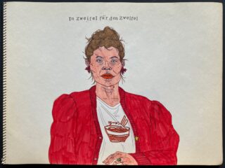 Eine illustrierte Figur mit kurzen Haaren und roten Ohrringen trägt eine rote Jacke und ein T-Shirt mit einer Schüssel Ramen, darüber erscheint deutscher Text.