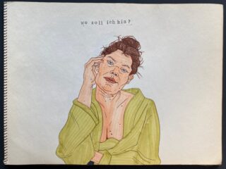 Eine Person mit braunem Haarknoten und einem grünen Gewand stützt ihr Gesicht auf ihre Hand. Der deutsche Text darüber lautet „Wo soll ich hin?“ auf schlichtem Hintergrund.