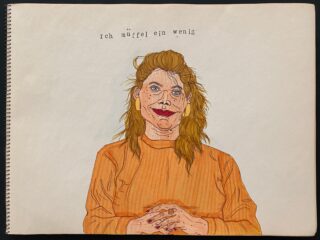 Eine Zeichnung einer Frau mit langen braunen Haaren und Sommersprossen, die ein orangefarbenes Oberteil trägt und über ihrem Kopf den deutschen Text „Ich müffel ein wenig“ trägt.