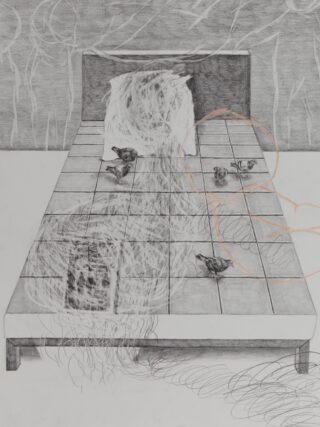Eine Bleistiftzeichnung eines Bettes mit Kissen, mehreren Vögeln auf dem Bett und abstrakten, wirbelnden Linien, die Bewegung oder Präsenz andeuten. Im Hintergrund sind schwache Umrisse von Baumstämmen zu sehen.