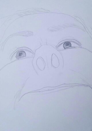 Bleistiftskizze eines Gesichts von unten betrachtet, mit Schwerpunkt auf Nase, Mund und nach oben gerichteten Augen.