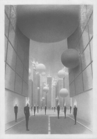 Surreale Stadtlandschaft mit hohen Gebäuden, großen schwebenden Kugeln und menschlichen Figuren mit Flammen anstelle von Köpfen, die eine breite Straße entlanggehen.