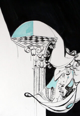 Eine stilisierte Schwarzweißzeichnung einer verhüllten Figur neben einer verzierten Säule, mit einer Schachbrettplattform darüber und blauen Akzenten, die bestimmte Bereiche hervorheben.