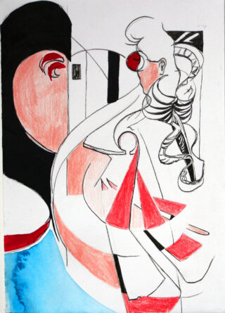 Abstrakte Zeichnung mit überlappenden geometrischen Formen, kräftigen Linien und roten, schwarzen, rosa und blauen Akzenten, die zwei stilisierte menschliche Figuren zeigt, die einander gegenüberstehen.