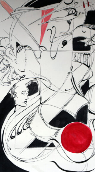 Abstrakte schwarze Strichzeichnung mit einem roten Kreis, einschließlich fragmentierter menschlicher Gesichter und geometrischer Formen auf weißem Hintergrund.