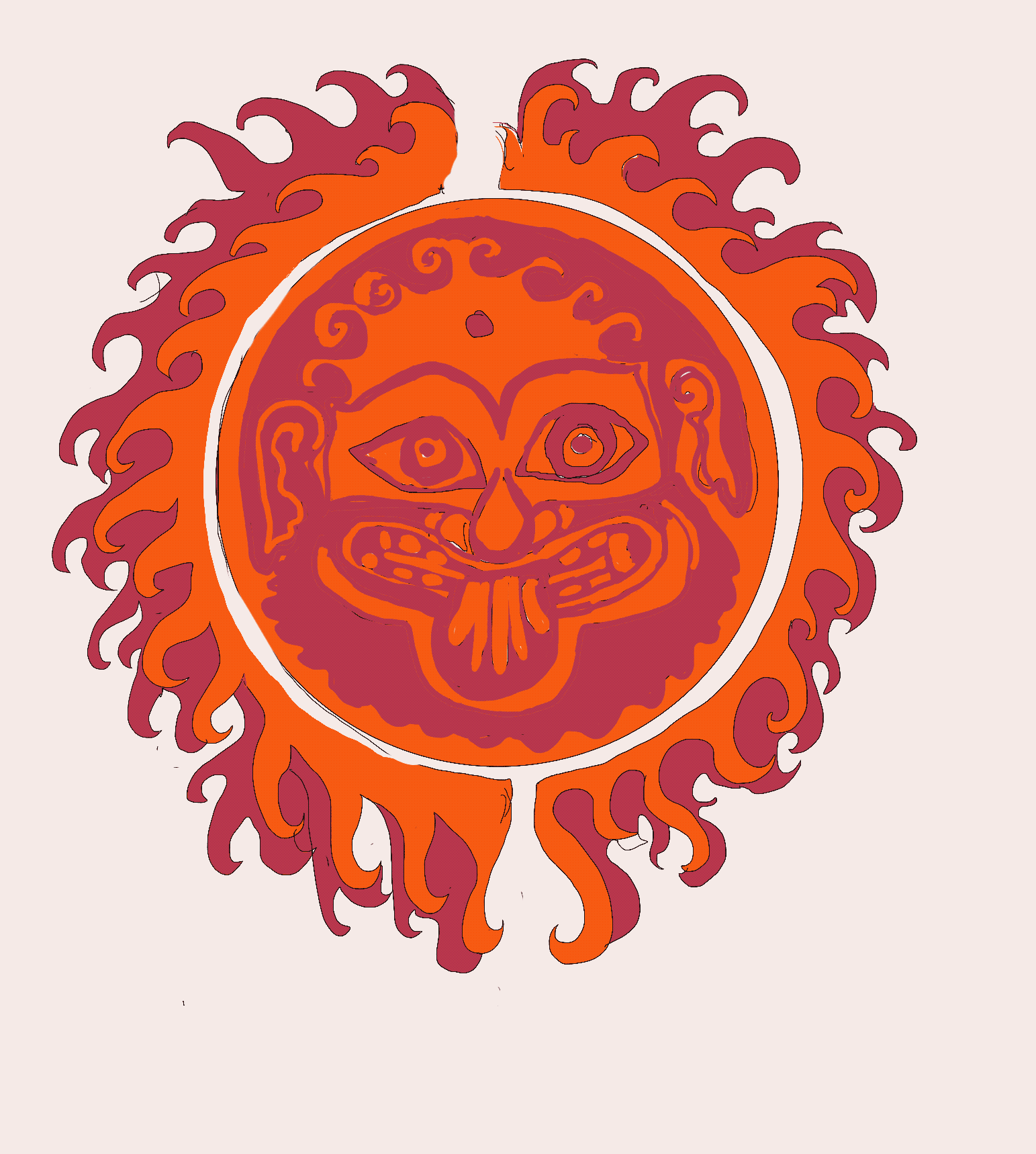 Illustration eines stilisierten Gesichts mit großen Augen und heraushängender Zunge, umgeben von einem kreisförmigen Rand und flammenähnlichen Formen in Rot- und Orangetönen.