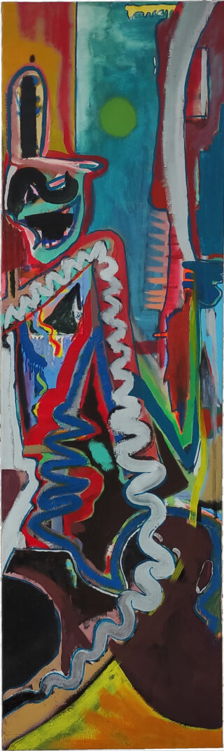 Abstraktes Gemälde mit lebendigen, gezackten und wirbelnden Formen in Rot, Blau, Gelb und Grün, mit verzerrten menschenähnlichen Formen und architektonischen Elementen im Hintergrund.