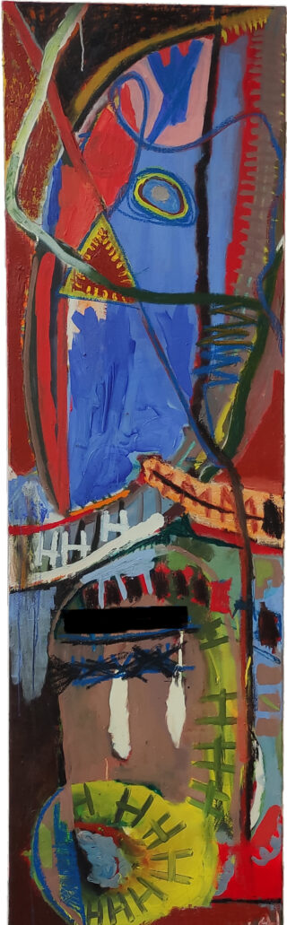 Abstraktes Gemälde mit kräftigen Formen und Linien in Rot, Blau, Gelb und Grün, mit geometrischen und organischen Mustern, die über die Leinwand geschichtet sind.