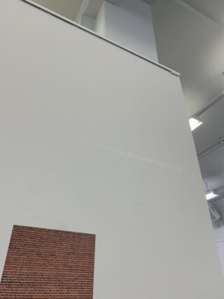 Eine weiße Wand mit einem schwach projizierten deutschen Text „Was bedeutet Demenz für pflegende Angehörige?“ über einem kleinen Abschnitt aus freiliegenden roten Backsteinen.