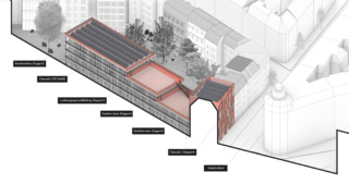 Axonometrisches Diagramm eines Gebäudekomplexes mit beschrifteten Abschnitten, darunter Dachterrassen, Solarmodule, Fassaden und ein Schulhof, eingebettet in einen städtischen Kontext mit umliegenden Gebäuden und Bäumen.