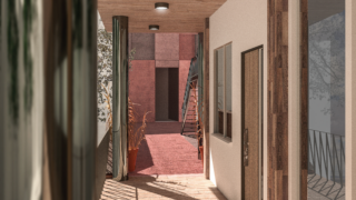 Ein Flur mit Holz- und cremefarbenen Wänden führt zu einer Außentreppe. Sonnenlicht wirft Schatten, und Topfpflanzen säumen den Weg.