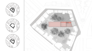 Architektur-Entwurf, Ansicht von oben auf ein fünfeckiges Grundstück.