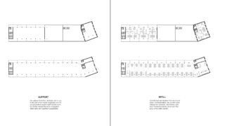 Zwei Architekturgrundrisse mit deutscher Textbeschreibung; der linke Grundriss trägt die Beschriftung „Unterstützung“, der rechte Grundriss „Füllung“. Beide Sets zeigen unterschiedliche Raum- und Schreibtischaufteilungen.