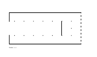 Schema einer rechteckigen Grundfläche mit punktierten, reihenförmig angeordneten Löchern und einer gestrichelten senkrechten Linie auf der rechten Seite; in der unteren linken Ecke mit der Aufschrift „fronte | base“ beschriftet.