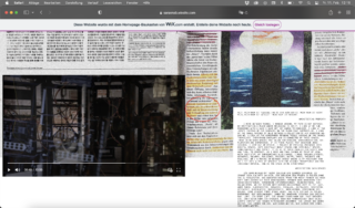 Screenshot einer Website mit deutschem und englischem Text, einem Videoplayer, einem Wix.com-Banner oben und überlappenden Artikeln mit hervorgehobenen und eingekreisten Abschnitten.