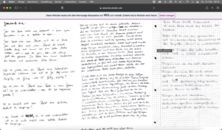 Screenshot einer Website, auf der drei handschriftliche Notizen auf Deutsch auf liniertem und unliniertem Papier angezeigt werden, mit zwei Browserbenachrichtigungen oben.