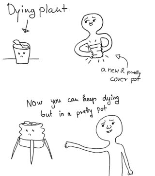 Eine Person setzt eine sterbende Pflanze in einen neuen, schönen Topf. Die Pflanze stirbt noch immer im neuen Topf, während die Person auf sie zeigt.