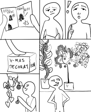 Eine Person wägt echte und künstliche Weihnachtsbäume ab, findet eine Deko-Box, schmückt einen Baum mit Herzen und bewundert stolz die unkonventionelle Kreation.