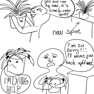 Eine Person setzt eine Pflanze in einen neuen Topf um, doch die Pflanze wirkt verletzt und die Person stellt sie entschuldigend in den ursprünglichen Topf zurück.