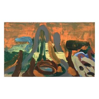 Abstraktes Gemälde mit fließenden Formen in erdigen Braun-, Grün-, Blau- und Orangetönen, das eine organische Landschaft vor orangefarbenem Hintergrund suggeriert.