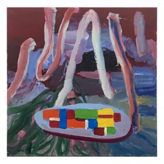 Abstraktes Gemälde mit welligen, pastellfarbenen Streifen auf dunklem Hintergrund und einer zentralen ovalen Form, die mit bunten rechteckigen Blöcken in Rot, Gelb, Grün und Blau gefüllt ist.