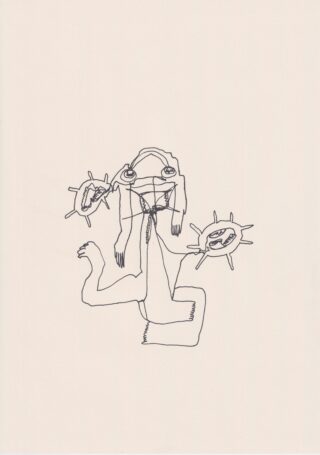 Eine Strichzeichnung einer abstrakten menschlichen Figur mit sonnenähnlichen Formen und Augen an den Enden der Arme und über dem Kopf.