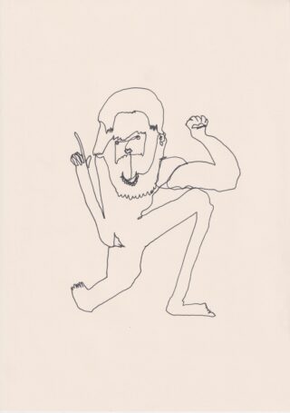 Eine minimalistische Strichzeichnung einer hockenden Person mit Bart, ein Arm nach oben gebeugt und der andere nach oben zeigend, auf einem schlichten Hintergrund.