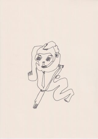 Eine einfache Strichzeichnung einer hockenden Person mit Krawatte, die eine Hand auf dem Kopf hat und einen langen Stock mit einem kleinen Gegenstand an der Spitze hält.