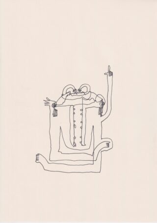 Eine minimalistische Strichzeichnung einer abstrakten menschlichen Figur, die im Schneidersitz sitzt, einen Arm erhoben und den Zeigefinger nach oben zeigend.