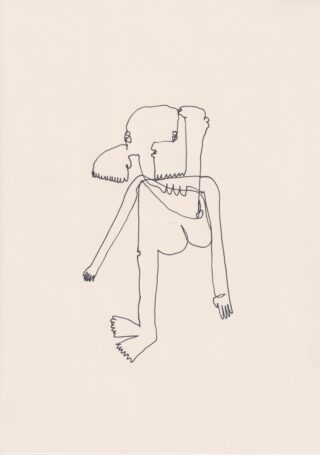 Eine minimalistische Strichzeichnung einer abstrakten menschlichen Figur mit übertriebenen Gliedmaßen und Gesichtszügen auf einem schlichten Hintergrund.