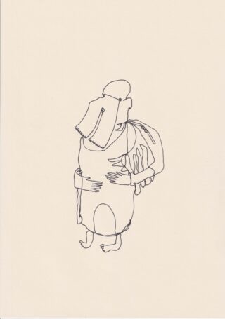 Eine einfache Strichzeichnung einer Figur mit einer abstrakten, übergroßen Kopfbedeckung, einem runden Körper, kleinen Füßen und auf dem Oberkörper ruhenden Händen.