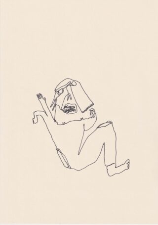 Eine minimalistische Strichzeichnung einer verzerrten menschlichen Figur mit übertriebenem Gesicht, erhobenem Arm und angewinkelten Beinen auf einem schlichten Hintergrund.