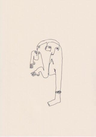 Eine minimalistische Strichzeichnung zeigt eine surreale menschliche Figur mit Gesichtern an den Gliedmaßen, einem Arm als Hals und einer Uhr an einem Knöchel, alles vor einem schlichten Hintergrund.