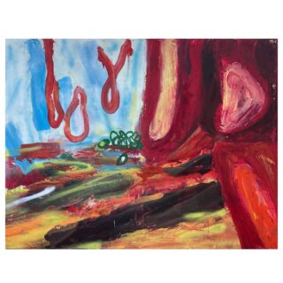 Abstraktes Gemälde mit kräftigen roten und orangefarbenen Pinselstrichen, blauem Himmel, von oben herabhängenden roten Schleifen und grünen Formen in der Mitte vor einem mehrfarbigen Hintergrund.