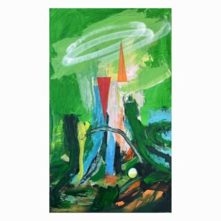 Abstraktes Gemälde mit grünem Hintergrund, zwei hohen Dreiecken (eines rot, eines orange) in der Mitte, wirbelnder weißer Form darüber und verschiedenen kräftigen Pinselstrichen in Blau, Schwarz und Grün.