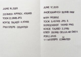 Zwei Seiten mit getippten Protokollen mit Angaben zu Datum, Dateigröße, Fototyp, Sprachdatenmenge, Mobilfunkdatennutzung und gezählten Schritten für den 16. und 17. Juni 2020.