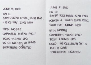 In zwei gedruckten Notizen werden die am 10. und 11. Juni 2020 gespeicherten und erfassten digitalen und mobilen Daten detailliert aufgeführt, darunter Dateigrößen, Mobilfunkdatennutzung und die Anzahl der Schritte pro Tag.