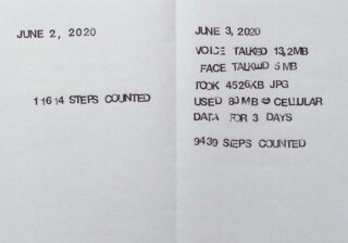 Eine gedruckte Notiz mit Datum, Schrittzahl und Statistiken zur Telefonnutzung: gezählte Schritte am 2. Juni (11614), 3. Juni (9439), Datennutzung und Anrufaktivität am 3. Juni 2020.