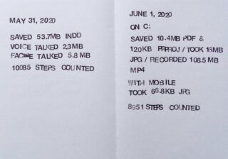 In zwei Spalten mit datierten Notizen sind die digitalen Dateigrößen, Typen sowie Sprach- und Schrittzahldaten vom 31. Mai 2020 und 1. Juni 2020 aufgeführt und auf leicht strukturiertem weißem Papier gedruckt.