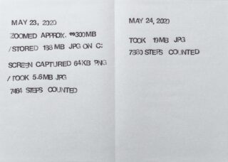 Getippte Notizen auf zwei Seiten listen Daten, Dateigrößen gespeicherter und aufgenommener Bilder sowie gezählte Schritte für den 23. Mai 2020 und den 24. Mai 2020 auf.