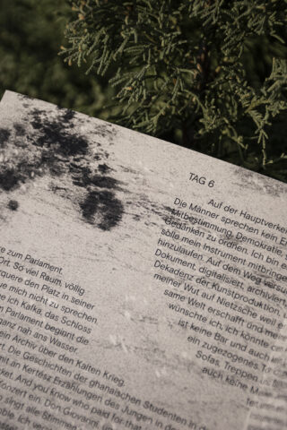 Eine Nahaufnahme einer Steintafel mit dem deutschen Text „TAG 6“, die teilweise mit einem dunklen Fleck bedeckt ist, mit grünem Laub im Hintergrund.