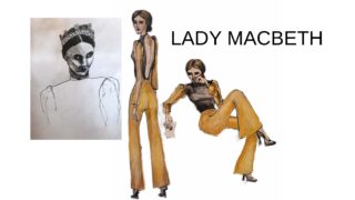 Modeskizzen von Lady Macbeth in goldenen Hosen und schwarzem Oberteil, mit einer stehenden Pose, einer sitzenden Pose und einer schwarz-weißen Kopfskizze mit einer Krone.