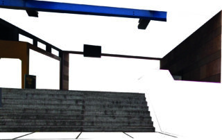 Eine Reihe grauer Steinstufen führt hinauf zu einem modernen Gebäude mit freiliegenden Balken und geometrischen Wänden vor weißem Hintergrund.