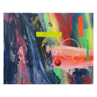 Abstraktes Gemälde mit kräftigen, farbenfrohen Pinselstrichen mit überlagerten geometrischen Formen, darunter Kreise, Rechtecke und Linien in Gelb, Orange und Grün.