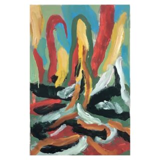 Abstraktes Gemälde mit kräftigen, geschwungenen Pinselstrichen in Rot, Gelb, Schwarz, Weiß und Grün auf blauem und grünem Hintergrund.