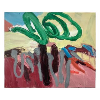 Abstraktes Gemälde mit kräftigen grünen Schleifen, dicken vertikalen schwarzen Formen und wellenförmigen grauen Linien auf einem Hintergrund in Rot-, Rosa-, Creme-, Blau- und Brauntönen.