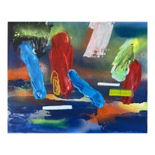 Abstraktes Gemälde mit kräftigen roten und blauen Formen, grünen und gelben Pinselstrichen und weißen Spritzern auf einem mehrfarbigen Hintergrund.