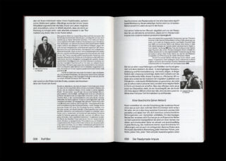 Eine deutschsprachige Buchseite mit Schwarzweißfotos von zwei Personen auf jeder Seite, begleitet von Texten über Kunst und Künstler, darunter Marcel Duchamp.